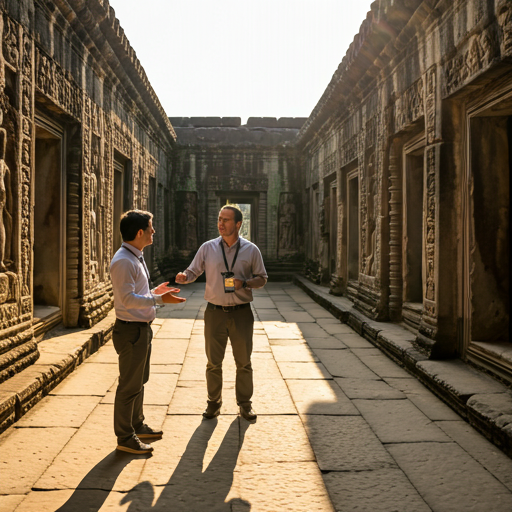 Tour guide in temple courtyard